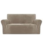 MAXIJIN Thick Velvet Sofa Covers 2 Seater Super Stretch Non Slip Loveseat Covers for Living Room Dogs Cat Pet Plush Love Seat Couch Slipcovers Elastic Furniture Protector (2 Seater, Khaki)