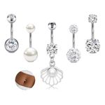 AVYRING 5PCS Belly Button Bars with Diamond, Pearl, Shell Pendant Style, 14G Stainless Steels Belly Bar, Silver Barbell Navel Bars Piercing Jewellery for Women