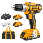 INGCO Lithium-Ion Cordless Combi Drill 20V Drill Driver with 2Pcs 2.0Ah Battery Pack, 1Pcs Fast Charger,1Pcs Canvas Bag, 47Pcs Accessories CDLI20023