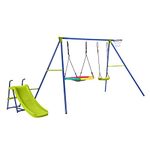 Maxmass Kids Swing Set, Metal Swing Frame with Adjustable Saucer Swing & Belt Swing, Outdoor Swing Playground Playset for Garden Backyard (4 in 1 with Slide and Basketball Hoop)