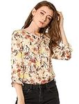 Allegra K Women's Tie V Neck Casual Boho Ruffled 3/4 Sleeve Floral Blouse Tops Beige Small