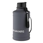 Navaris Half Gallon Water Bottle with Handle - Single-Walled 74 oz (2.2L) Stainless Steel Water Jug - Large Reusable Metal Drinking Bottle for Sports