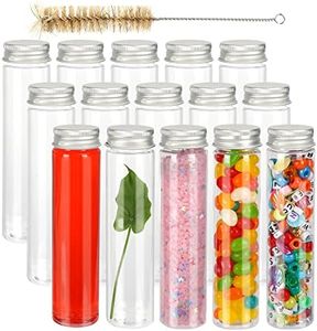 JPSOR 15pcs 110ml Plastic Test Tubes with Screw Caps 140 x 35mm Clear Flat Large Test Tubes with Lids and 1 Brush for Bath Salt, Candy Storage, Party Favors, Scientific Experiments