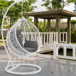 Divine Style Garden Swing Chair - Premium Rattan & Steel Hanging Egg Chair with FREE Waterproof Cover (White with Urban Grey Cushion)