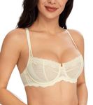 Lemorosy Women's Balconette Push Up Bra Unlined Non-Padded Half Cup Bra Lace Sheer Underwire(Beige 32B)