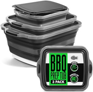 Collapsible BBQ Prep Tub with Lids and Drain Spouts, 3 Pack Portable Meat Marinating and Grilling Trays, Cutting Board Food Storage Containers for Outdoor Cooking, Camping, Tailgating and Kitchen Prep