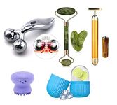 RUDRESHWAR Face Massager Jade Roller & Gua Sha Tool 100% Natural Stone, 3D Manual Body Massager, T Shape Gold Energy Beauty Bar Vibration Facial Massager. Ice Roller Face Massager, Octopus Brush