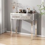 intahic Mirrored Desk Sparkling Silver Vanity Makeup Table with Crystal Diamond Mirrored Console Table Mirrored Vanity Desk with 2 Drawer for Women Girls Home Office