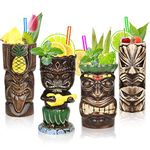 SuproBarware Tiki Mugs Set of 4– Ceramic Hawaiian Party Mugs Large Drinkware, Tiki Bar Mugs for Cocktails, Tropical Cups Drinks for Exotic Party - TJB02 (4pcs)