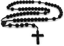 L & L Nation Mens Hip Hop 15mm Matte Black Tone 32" Beaded Chain Rosary Guadalupe & Jesus Cross Necklace