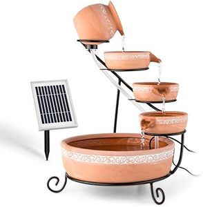 blumfeldt Empoli Gartenbrunnen - Kaskadenbrunnen, Solarbrunnen, 5 Ebenen, Terrakotta Gefäße, Weinlaub Musterung, Umlaufpumpe, 200 Liter/h Durchfluss, 2 Watt Solarpanel, braun