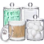 4 PACK Qtip Holder Dispenser for Cotton Ball, Cotton Swab, Cotton Round Pads, Floss Picks - 10 oz Clear Plastic Apothecary Jar Set for Bathroom Canister Storage Organization, Vanity Makeup Organizer