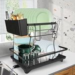 Dish Drying Rack,16.5 * 11.3 * 14.4'' 2 Tier Over The Sink Dishrack Strainer,Large Capacity W/Drainboard and Utensil Holder,Auto-draining,Non-Slip for Kitchen Counter