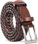 Men's Braided Leather Belt,JASGOOD Braided Woven Belt for Men Casual Jeans with Solid Strap Single Prong Buckle,Suit for Pant Size 38''-42'',D-Brown-Silver Buckle