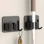 JIALTO 2 Pieces Stainless Steel Broom Holder with Hook - Wall-Mounted Adhesive Waterproof Rustproof Heavy Duty Broom and Mop Stick Holder for Home, Kitchen,