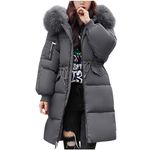 Women's Down Jacket Winter Mid-lenght Down Puffer Coats Ladies Lightweight Waterproof Jackets with Fur Hood Plus Size Slim Trench Coat Long Sleeve Warm Outwear Outdoor Hiking Jackets UK Size 10-18