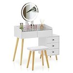 TUKAILAi Modern Dressing Table with Led Light Mirror and Cushioned Stool, Innovative Glass Table for Cosmetic, 5 Drawers Makeup Desk Vanity Set with Slide Bedside table Bedroom Furniture Girls