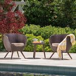 DEVOKO 3 Pieces Outdoor Patio Wicker Furniture Conversation Set with Round Table for Balcony, Terrace, Garden (Dark Brown & Cream)