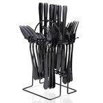 Flatware Set with Stand, 24 PCS Stainless Steel Black Cutlery Set for 6 Person, Knife Fork Spoon Mirror Polished Design Flatware Set with Holder, Dishwasher Safe & Easy to Clean (Black)