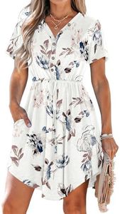 MISFAY Women Summer Dress Casual V Neck Short Sleeve Drawstring Mini Dresses with Pockets,Floral White,L