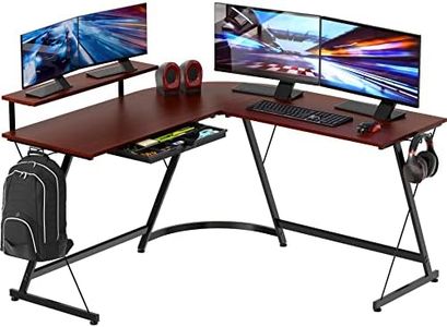 SHW Gaming L-Shaped Computer Desk with Monitor Stand, Cherry