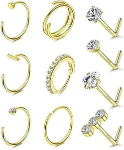 Adramata 10 Piezas 20G Anillos Nariz de Acero Inoxidable, 14k Oro Nostril Piercing, CZ Corazón Anillos de Nariz Aro para Mujeres Hombres, Tragus Cartílago Helix Pendientes Nariz Piercing Joyas,BG