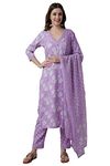 Amayra Women's Cotton Printed Straight Kurta With Pant And Dupatta Set(Purple,Small)