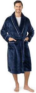 PAVILIA Mens Soft Robe, Plush Warm Bathrobe for Men, Long Spa Robe with Shawl Collar, Pockets, Trim Piping (Navy Blue)