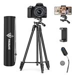 Lightweight Tripod 55-Inch/135cm, Video/Phone/Light Camera Tripod Stand with Wireless Remote Shutter, Phone Clip, Carry Bag for Travel/YouTube Video/Photography/Vlog, Compatible with iOS & Android