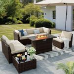 VONZOY 8 Pieces Outdoor Patio Furniture Set with 44" Fire Pit Table Rattan Sectional Conversation Sets w/Gas Fire Pit, Coffee Table, 2 Waterproof Covers, Khaki