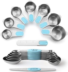 Spring Chef Magnetic Measuring Cups & Spoons Set (Patent Pending), Strong Magnets, Heavy Duty Stainless Steel Fits in Spice Jars for Baking & Cooking, BPA Free, Round Set of 15 with Leveler, Aqua Sky