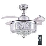 DuMaiWay 42" Ceiling Fan with Lights, Fandelier, Retractable Crystal Ceiling Fan Chandelier with Remote Control LED Light for Bedroom Living Room Polished Chrome Silver 6 Speed 3 Light