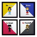 Indianara Synthetic Wood 4 Piece Batgirl, Supergirl, Catwoman and Wonderwoman Print Framed Wall Hanging(8.7x8.7 Inches, Black) - Pack of 4