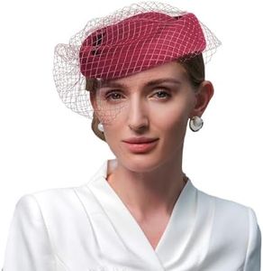 HIMESPORT Burgundy Wool Felt Fascinator Hats for Women Ladies Lady Elegant Tea Party Dress Beret Derby Fedoras Pillbox Hat with Bowknot