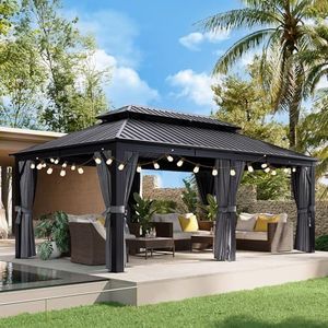Aoxun 12' X 20' Hardtop Gazebo, Galvanized Steel Double Top, Aluminum Metal Gazebo, and LED Outdoor Waterproof Hanging Lights