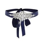 IYOU Rhinestone Wedding Belt Crystal Sash Applique Belts Bride Prom Dress Belt with Navy Blue Ribbon for Women and Girls