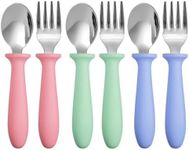 Pimoys 6 Pieces Toddler Utensils,Toddler Forks and Spoons,Kids Silverware Set with Plastic Handle Stainless Steel Toddler Silverware,Dishwasher Safe