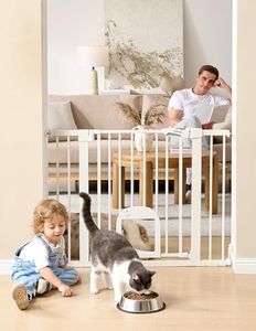 Babelio 36" Tall Upgraded Baby Gate with Cat Door, 29-43" Auto Close Durable Dog Gate for Stairs, Doorways and House, Easy Walk Thru Safety Gate with Pet Door Includes 4 Wall Cups, White