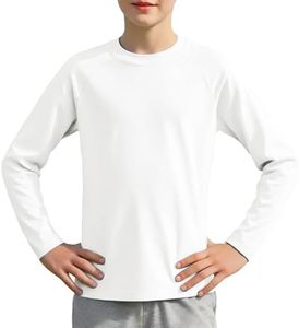 Boys Athletic Shirts Long Sleeve, Active T-Shirt Moisture Wicking Crewneck Dry Fit Tee Outdoor Running Tshirt(White,5-6)