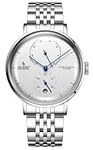 B BINGER Senors Watches Men's Automatic Watch with Power Reserve Display Wristwatch (Silver White)