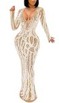 Aro Lora Womens Sexy Glitter Rhinestones See Through Sheer Mesh Club Bodycon Maxi Dress, 02 Apricot, Small