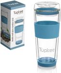 Tupkee Double Wall Glass Tumbler - 14-Ounce, All Glass Reusable Insulated Tea/Coffee Mug & Lid, Hand Blown Glass Travel Mug - Niagara