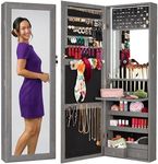 Best Choice Products LED Mirror Jewelry Cabinet, Tall Lockable Wall or Door Mounted Jewelry Armoire Organizer with Mirror, 2 Drawers, Lock, Cosmetic Tray, Shelves - Gray Oak