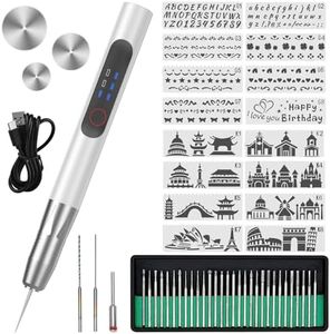 Stylo de gravure électrique avec 32 embouts - Mini outil de gravure jusqu'à 20 000 tr/min - Rechargeable - Kit d'outils de gravure sur batterie pour bijoux, verre, bois, plastique, métal, pierre