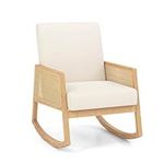 COSTWAY Leisure Rocking Chair, Linen Fabric Accent Glider Armchair with Upholstered Cushion and Rattan Armrests, Modern High Back Relax Lounge Rocker for Living Room Bedroom Nursery, Beige+Natural