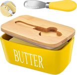 Ceramic Butter Dish with Wooden Lid, Airtight Butter Keeper for Counter or Fridge with Stainless Steel Multipurpose Butter Knife, Butter Container with Double High-Quality Silicone(Yellow)