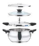 Vinod 18/8 Stainless Steel Magic Outer Lid Pressure Cooker - 5.5 Liters with a Pressure Cooker Lid, Straining Lid and Glass Lid (Induction and Gas Friendly), Silver
