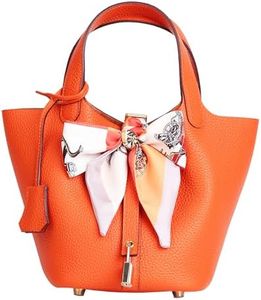 Lafillmiss Leather Handbag (Scarf Detaches) Genuine Leather Bucket Bag for Women,Market Tote Bags with Metal Clasp(Orange)
