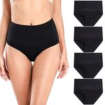 wirarpa Women's Cotton Underwear 4 Pack High Waisted Full Coverage Plus Size Briefs Comfortable Ladies Panties Black, Size 7