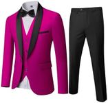 YND Men's 3 Piece Slim Fit Tuxedo Suit Set, One Button Shawl Collar Solid Business Blazer Jacket Vest Pants with Bow Tie, Fuchsia